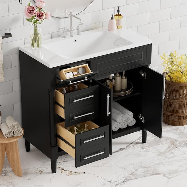 Qualler 36 in. W x 18 in. D x 34 in. H Single Sink Freestanding Bath Vanity in Black with White Resin Top