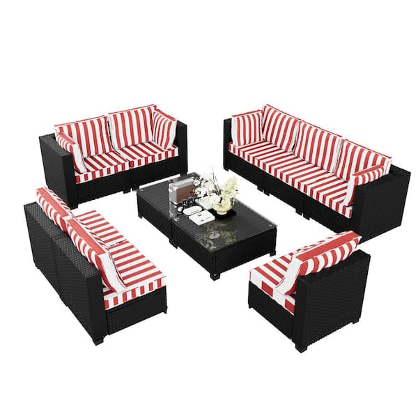 10-Piece Wicker Outdoor Patio Conversation Sofa Seating Set with Coffee Tables, Striped Red Cushions and Sofa Cover