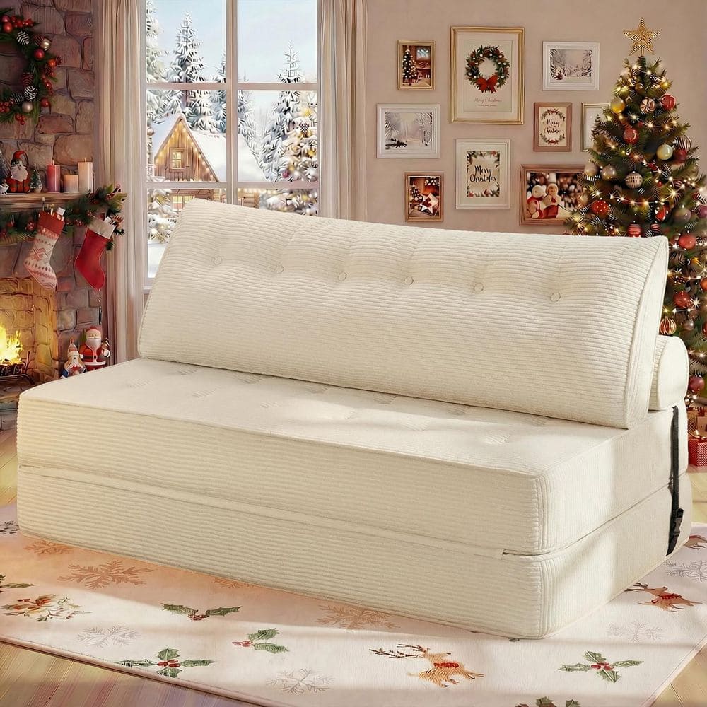 Hommpa 59.06 in. Folding White Corduroy Queen Size Folding Sofa