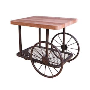 Brown and Bronze Cart Design Wooden and Metal End Table with Bottom Shelf