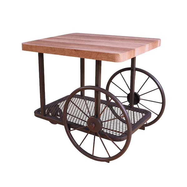Benjara Brown and Bronze Cart Design Wooden and Metal End Table with Bottom Shelf