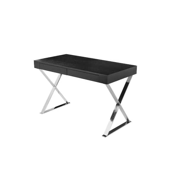 Benjara Rix 24 in. Rectangular Black Wood 2-Drawer Writing Desk with X Polished Steel Legs