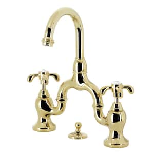 French Country Bridge 8 in. Widespread 2-Handle Bathroom Faucet with Brass Pop-Up in Polished Brass