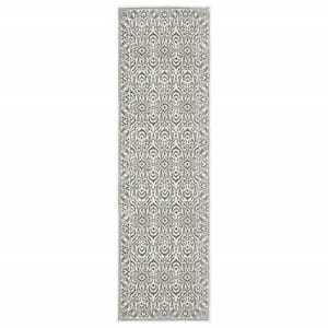 2' X 8' Grey And White Floral Power Loom Stain Resistant Runner Rug