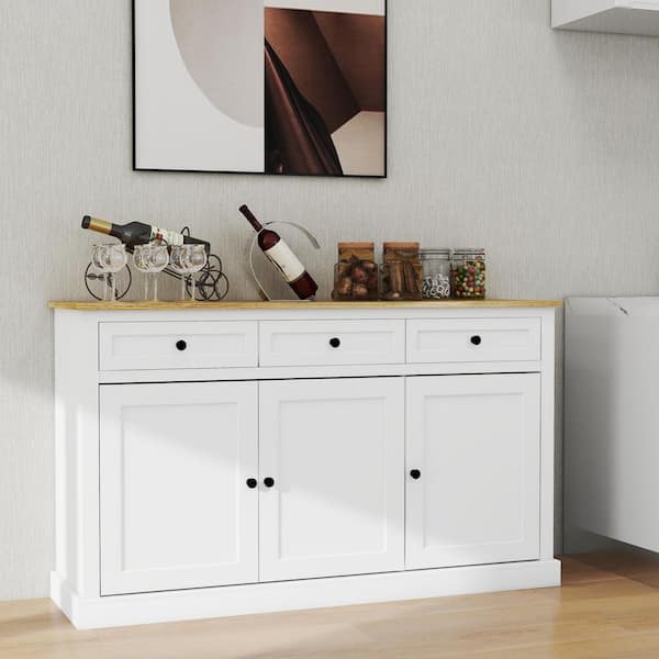 Unbranded White Buffet Cabinet Storage Sideboard with 3 Drawers & 3 Doors Adjustable Shelves for Living Room, Dining Room, Kitchen