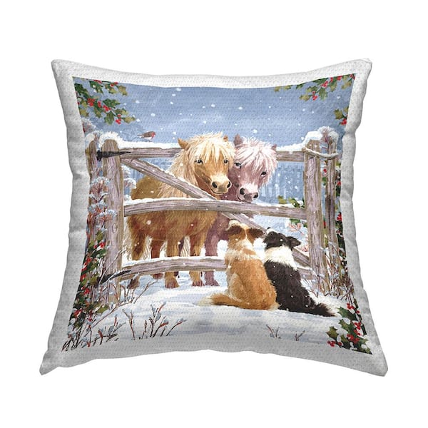 Stupell Industries Farm Dogs and Ponies Winter Snowfall Multi-Color Square Outdoor Throw Pillow