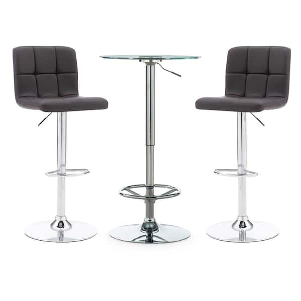 Gonzalez 3-Piece Round Glass Top Adjustable Chrome Base with Adjustable Chocolate Faux Leather Barstools Bar Table Set