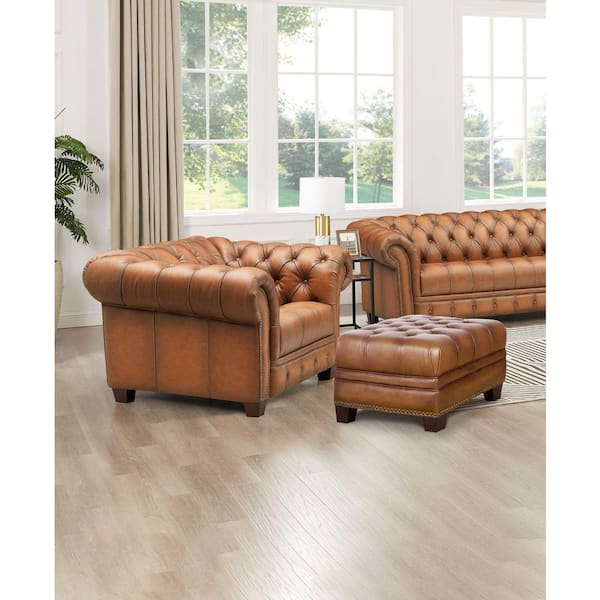 York Saddle Brown 100% Leather Tufted Arm Chair with Roll Arms, Memory Foam, Pocket Coils, and Down