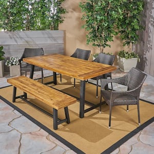 Brecken Sandblast Teak Brown 6-Piece Wood and Multi-Brown Faux Rattan Outdoor Dining Set
