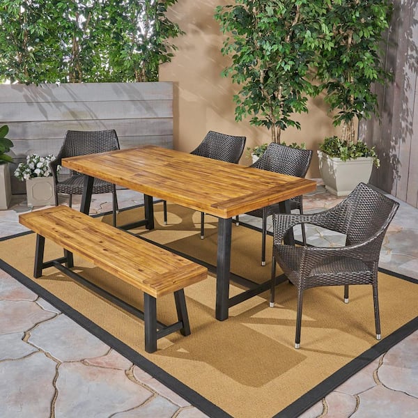 Brecken Sandblast Teak Brown 6-Piece Wood and Multi-Brown Faux Rattan Outdoor Dining Set