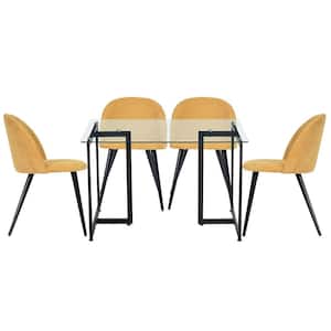 Slip Zomba Yellow 5-Pcs Dining Set with Glass Top Black Leg Table and Fabric Upholstered Chairs