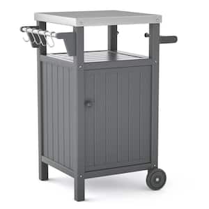 Gray Outdoor Stainless Steel Tabletop 1 Door Grill Cart for BBQ, Patio Cabinet with Wheels, Hooks and Side Shelf