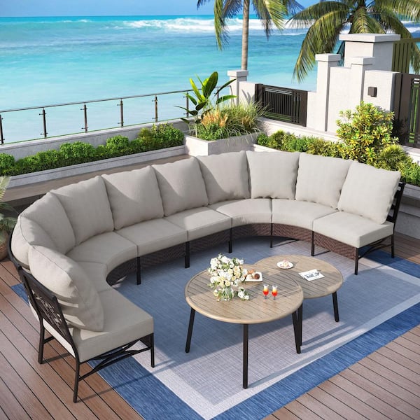 PHI VILLA Black 10-Piece Metal Outdoor Patio Conversation Seating Set with Beige Cushions and Two Side Table