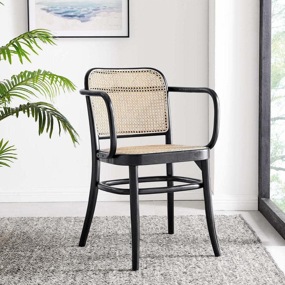 Low Profile Black Elm Wood & Cane Arm Chair
