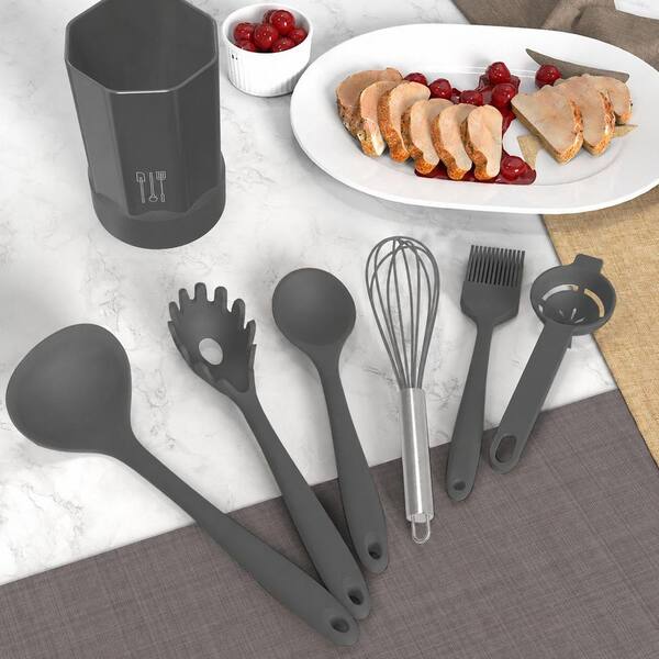 Silicone Cooking Utensils Set Kitchen Utensil Tools 446°F Heat Resistant Nonstick Cookware Safe Dishwasher, Gray