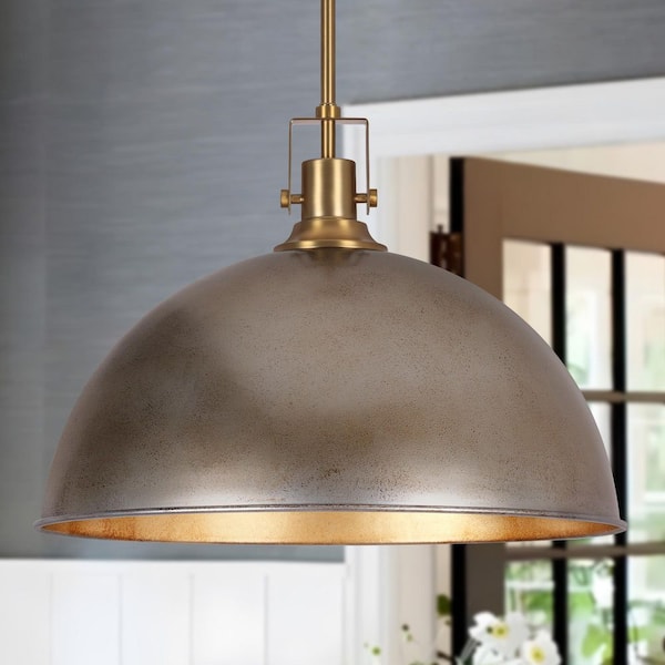 LamQee 1-Light Distressed Silver Single Pendant Light with Metal Dome Shade for Kitchen Island