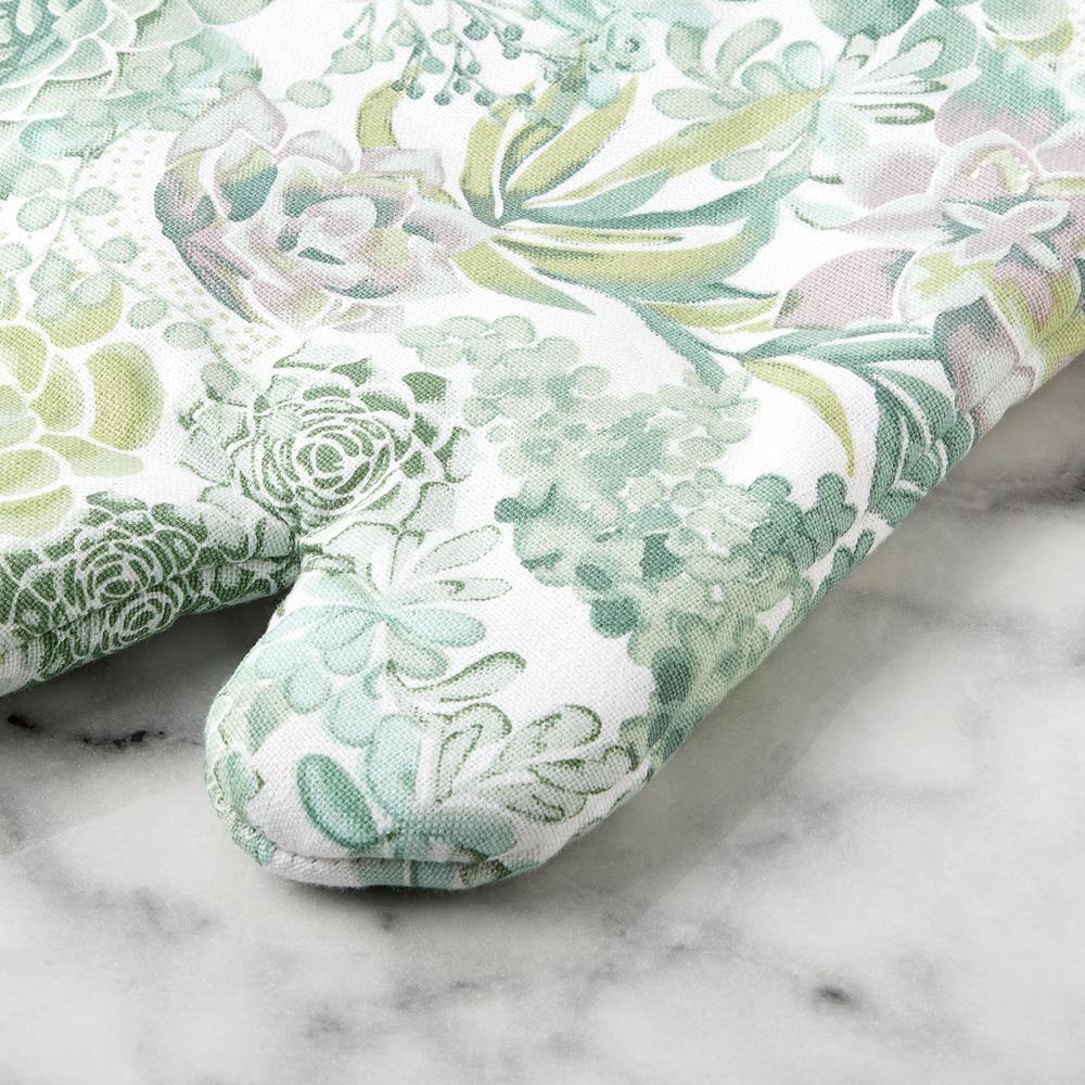 Green Succulent Print Cotton Oven Mitt Set, 2-Piece