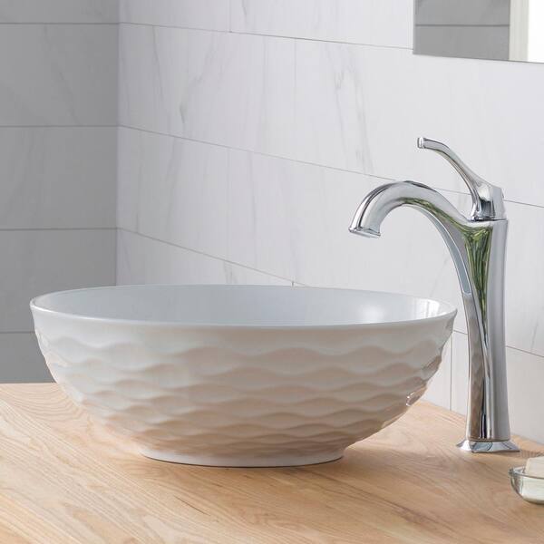 KRAUS Viva Round White Porcelain Vessel Bathroom Sink - 16.5" Diameter, 5.5" Height, Above-Counter Design