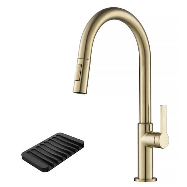 KRAUS Oletto Single Handle Pull Down Sprayer Kitchen Faucet in Spot-Free Antique Champagne Bronze with Soap/Sponge Holder