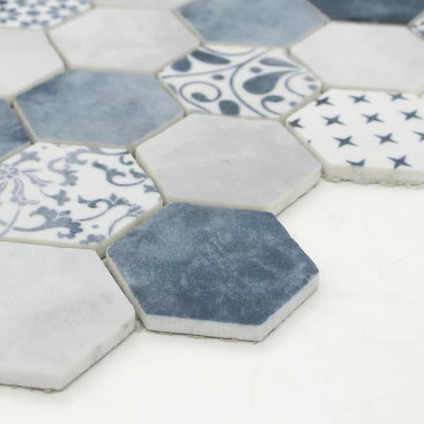 Concrete Blue Hexagon 6 in. x 6 in. Backsplash. Recycled Glass Cement Looks Floor And Wall Mosaic Tile (0.25 sq.ft.)