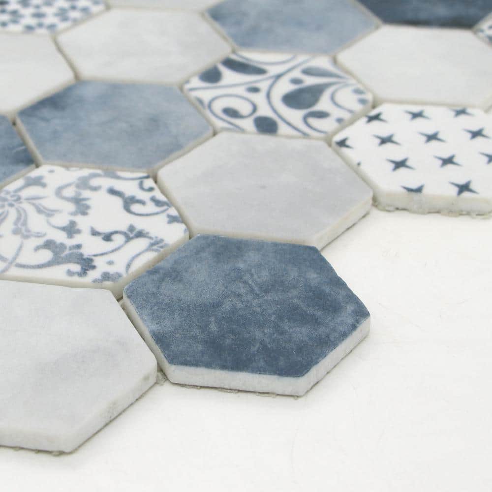 Blue and White Hexagon Recycled Glass Mosaic Tile