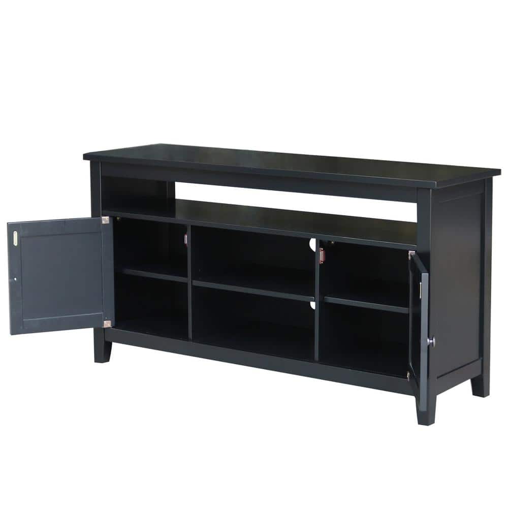 Black Solid Wood TV Stand with Cabinets and Shelves