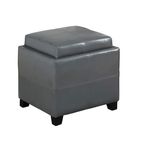 Worldwide Homefurnishings Faux Leather Storage Ottoman in Grey with Reversible Tray Lid