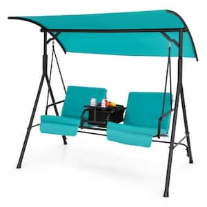 2-Person Metal Porch Swing Chair with Adjustable Canopy in Turquoise