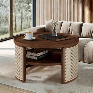 31.3 in. Walnut Double Tiered Round Wood Coffee Table with Storage Rattan Base