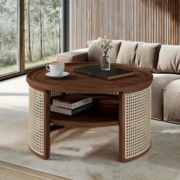 Harper & Bright Designs 31.3 in. Walnut Double Tiered Round Wood Coffee Table with Storage Rattan Base