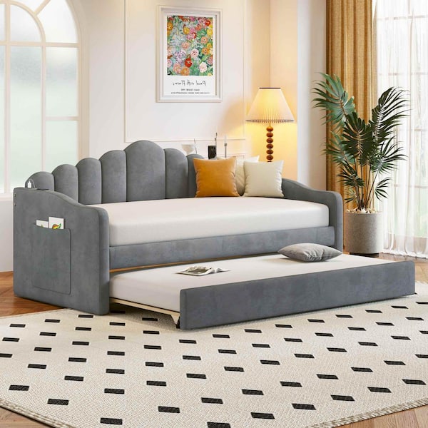 Polibi Gray Twin Size Daybed with Trundle, USB Charging Ports