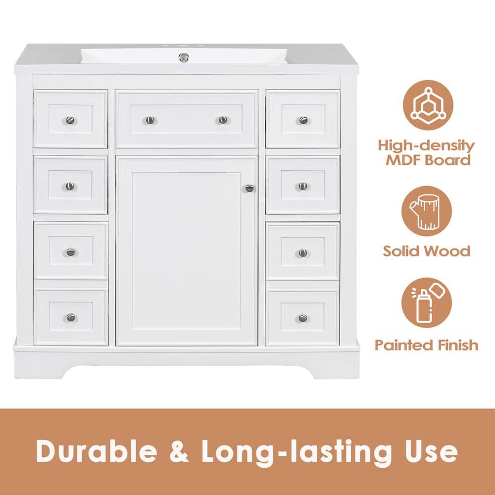 White MDF Bathroom Vanity with Ceramic Sink and Six Drawers