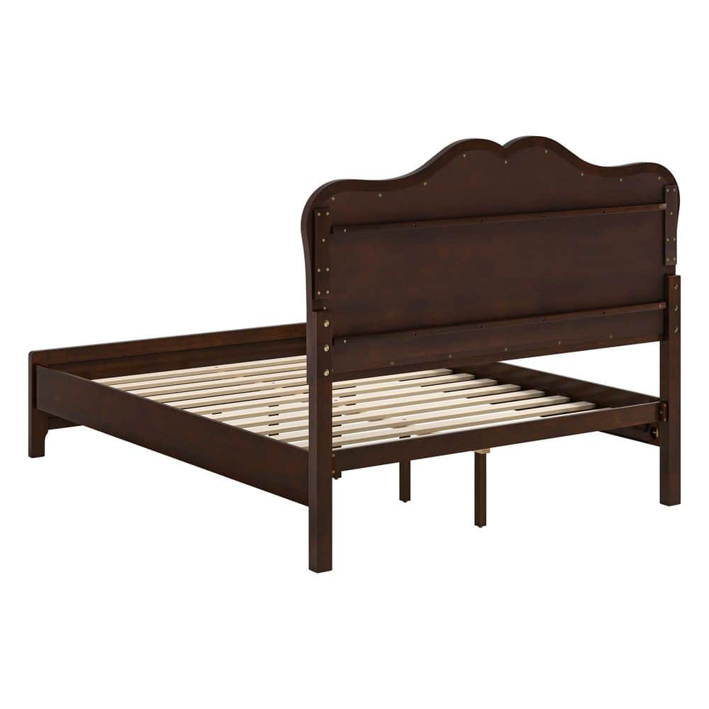 Dark Walnut Brown Mid-Century Modern Solid Wood Bed Frame King Platform Bed with Wave Headboard - thumbnail 4