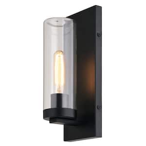 Grantley 1-Light Matte Black Indoor Outdoor Hardwired Wall Sconce Clear Glass Cylinder Shade, LED Compatible