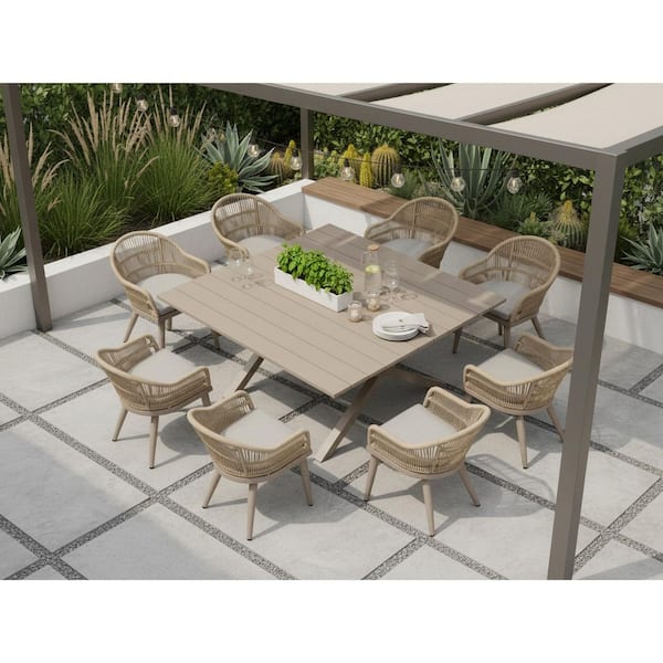 9 Piece Aluminum All-Weather PE Rattan Square Outdoor Dining Set with Cushion, Champagne