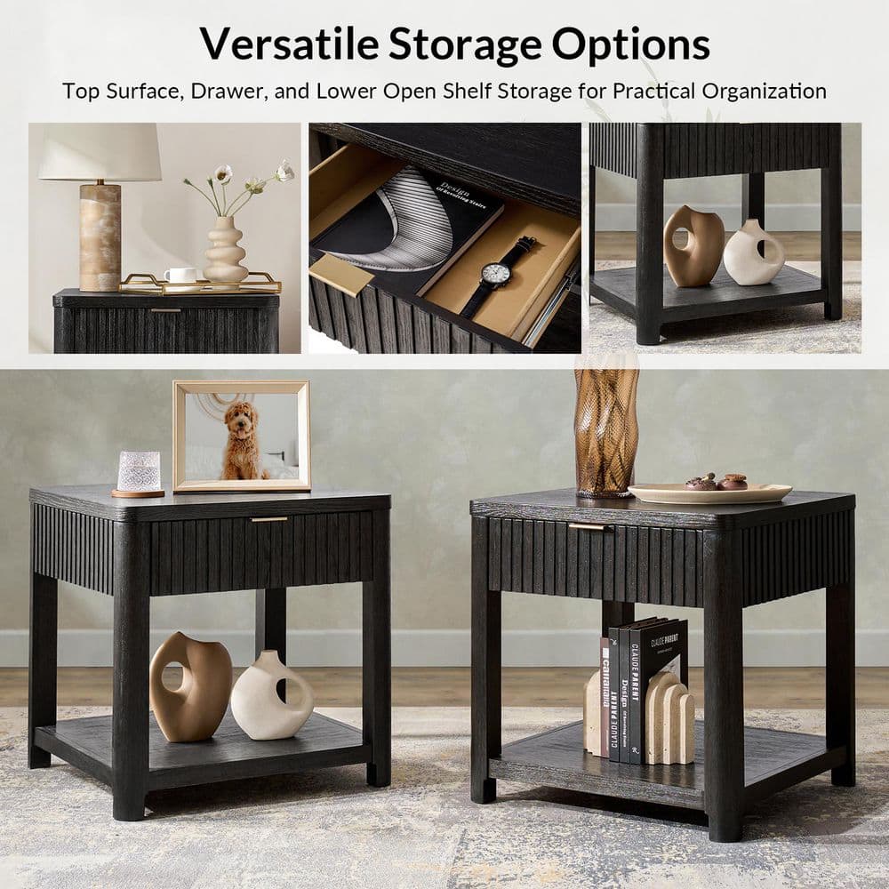 Yoshua 23.75 in. Black Rectangle Wood End Table with Fluted Surface - thumbnail 5