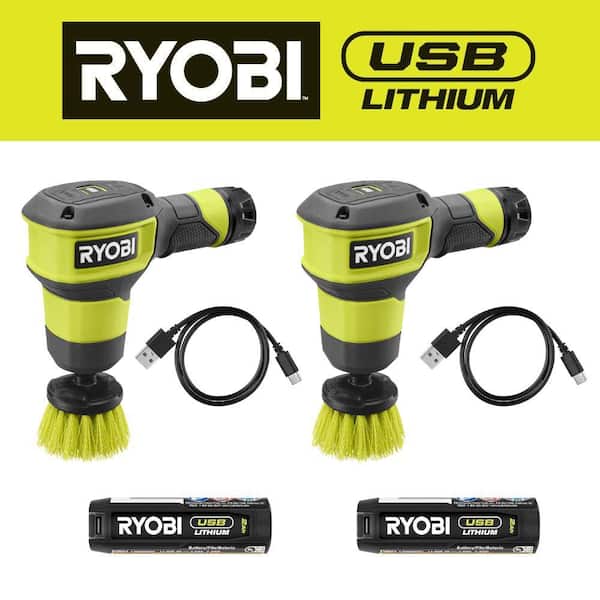 RYOBI USB Lithium Compact Scrubber Kit with 2.0 Ah Battery, USB Charging Cord, and 2 in. Medium Bristle Brush (2-Pack)