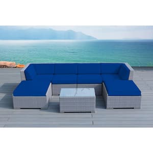 Ohana Gray 7-Piece Wicker Patio Seating Set with Sunbrella Pacific Blue Cushions