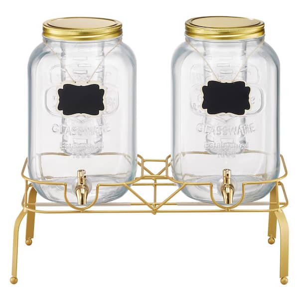 SKYSHALO 2 Pack 2 Gal. Beverage Dispenser for Parties, Glass with Metal Stand, Stainless Spigot, Infuser, Iced Tea, Lemonade