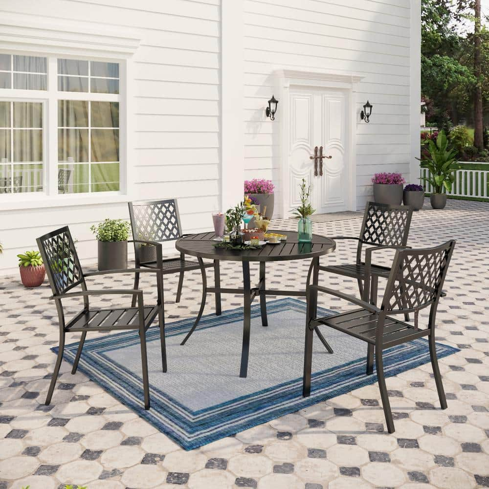 Black 5-Piece Metal with Round Table Patio Dining Set and Mesh Grid Stackable Chair -  PHI VILLA, THD5-409-05901N