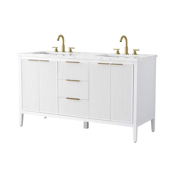 Emma 60 in. W Bath Vanity in White with Engineered Stone Top in Arabescato with White Sinks