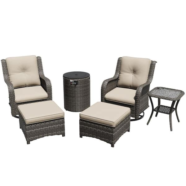 6-Piece Fire Pit Patio Set Wicker Outdoor Patio Conversation Set with Swivel Rocking Chairs, Ottomans and Beige Cushions