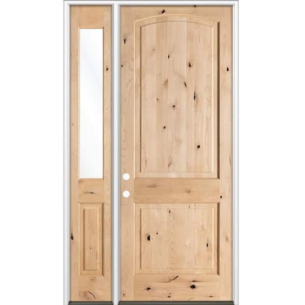 56 in. x 96 in. Knotty Alder 2-Panel Arch-Top Right-Hand/Inswing Clear Glass Unfinished Wood Prehung Front Door LHSL
