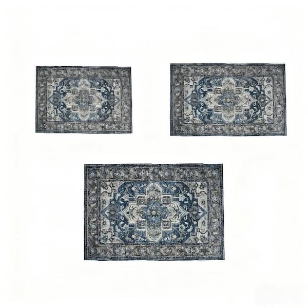 5 ft. x 7 ft. Blue Brown Abstract Washable Area Rug for Bedroom, Living Room, Entryway