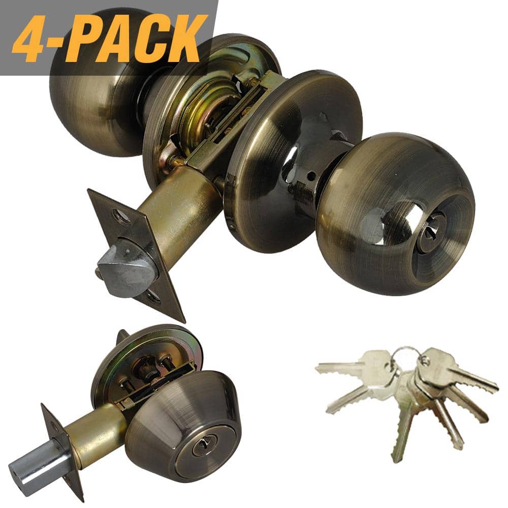 4PK Grip Tight Tools Brass US3 Entry Door Knob Combo Lock Set w/Deadbolt-24 Keys 