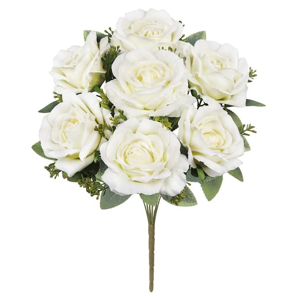 LIVING LUXURY 17 in. Deluxe Cream White Artificial Elegant Rose Flower Stem Bush Bouquet (Set of 2)