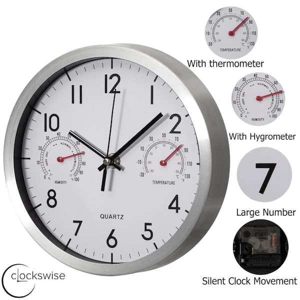 CLOCKSWISE 16 in. Non-Ticking Silver Wall Clock with Thermometer