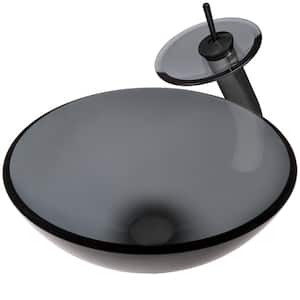 Nera Grey Glass Round Vessel Sink with Drain, Mounting Ring and Faucet in Matte Black