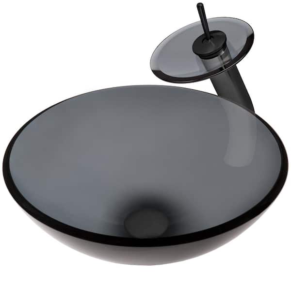 Novatto Nera Grey Glass Round Vessel Sink with Drain, Mounting Ring and Faucet in Matte Black