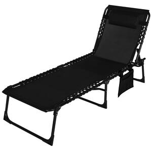 Black Outdoor Metal Folding Chaise Lounge Chair Fully Flat for Beach with Pillow and Side Pocket